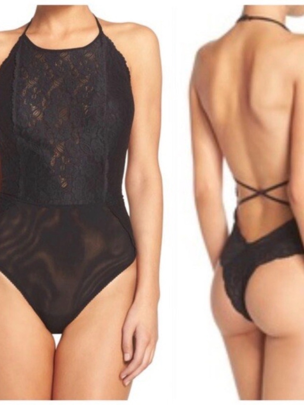 Free People Black Lace & Mesh Halter Bodysuit